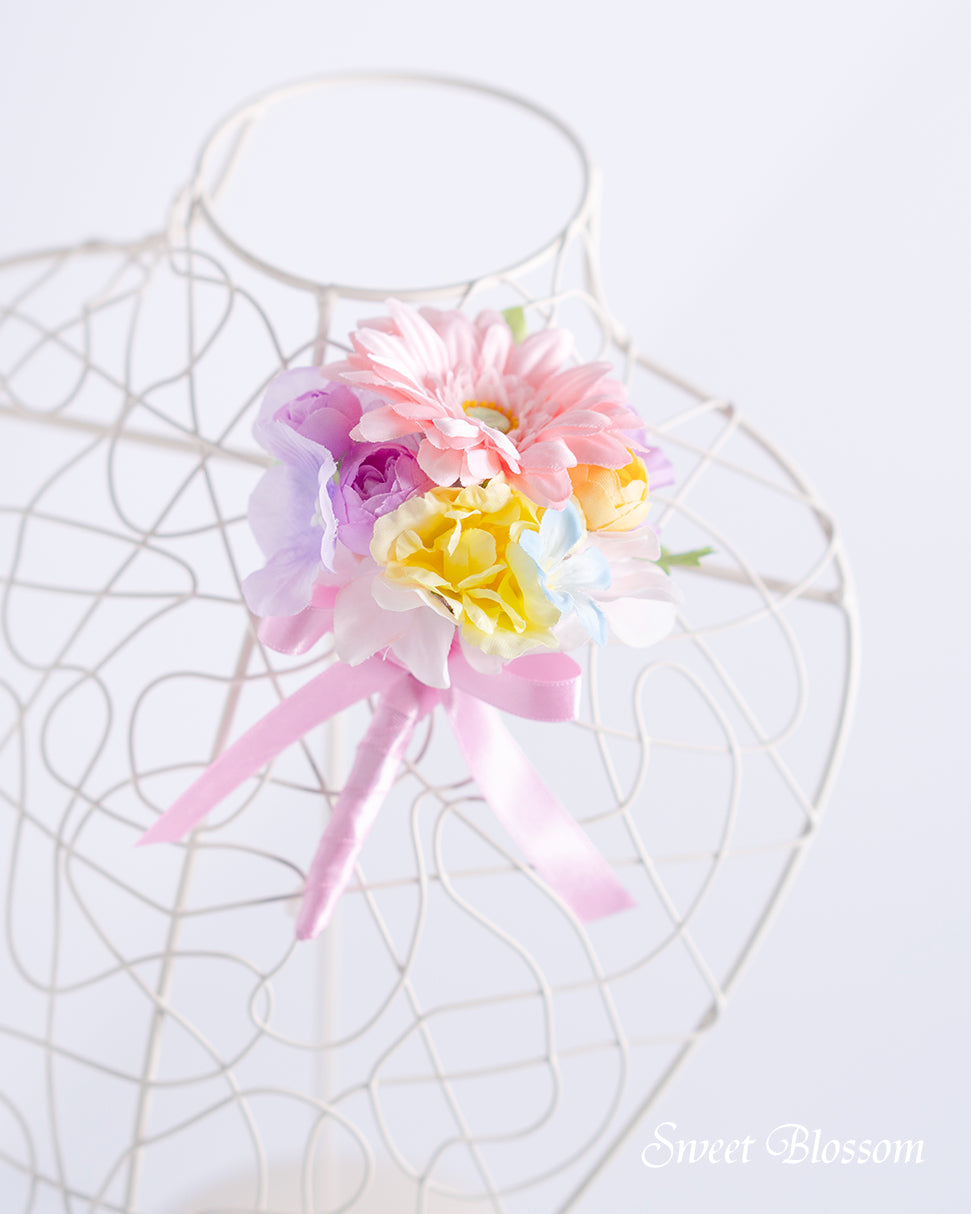 【アーティフィシャルフラワー】パステルカラーのバスケットブーケ
