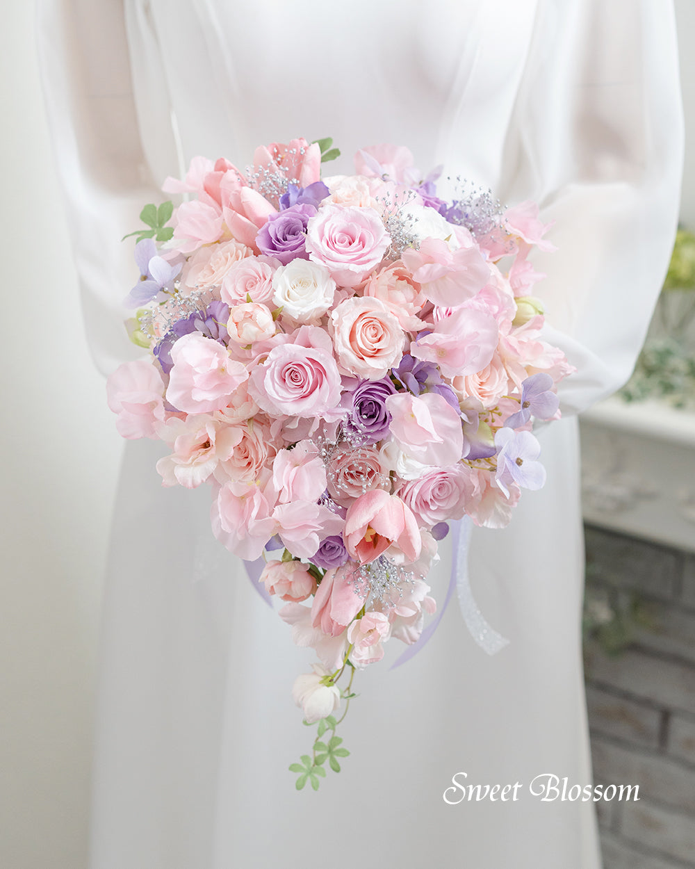 【プリザーブドフラワー】ピンクとラベンダーのティアドロップブーケ