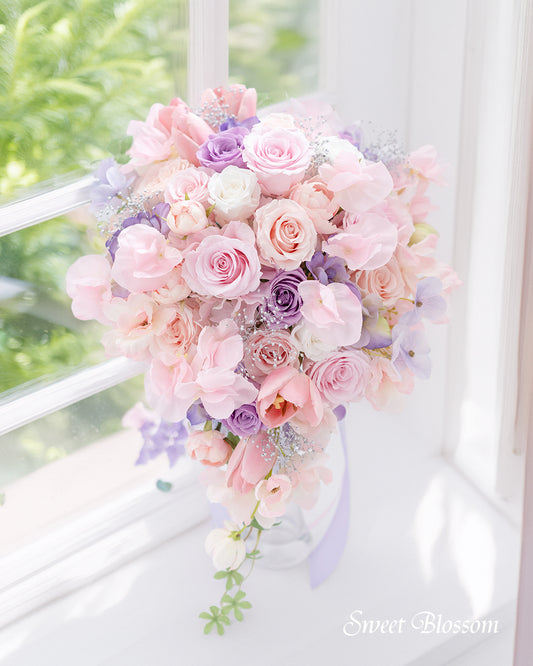 【プリザーブドフラワー】ピンクとラベンダーのティアドロップブーケ