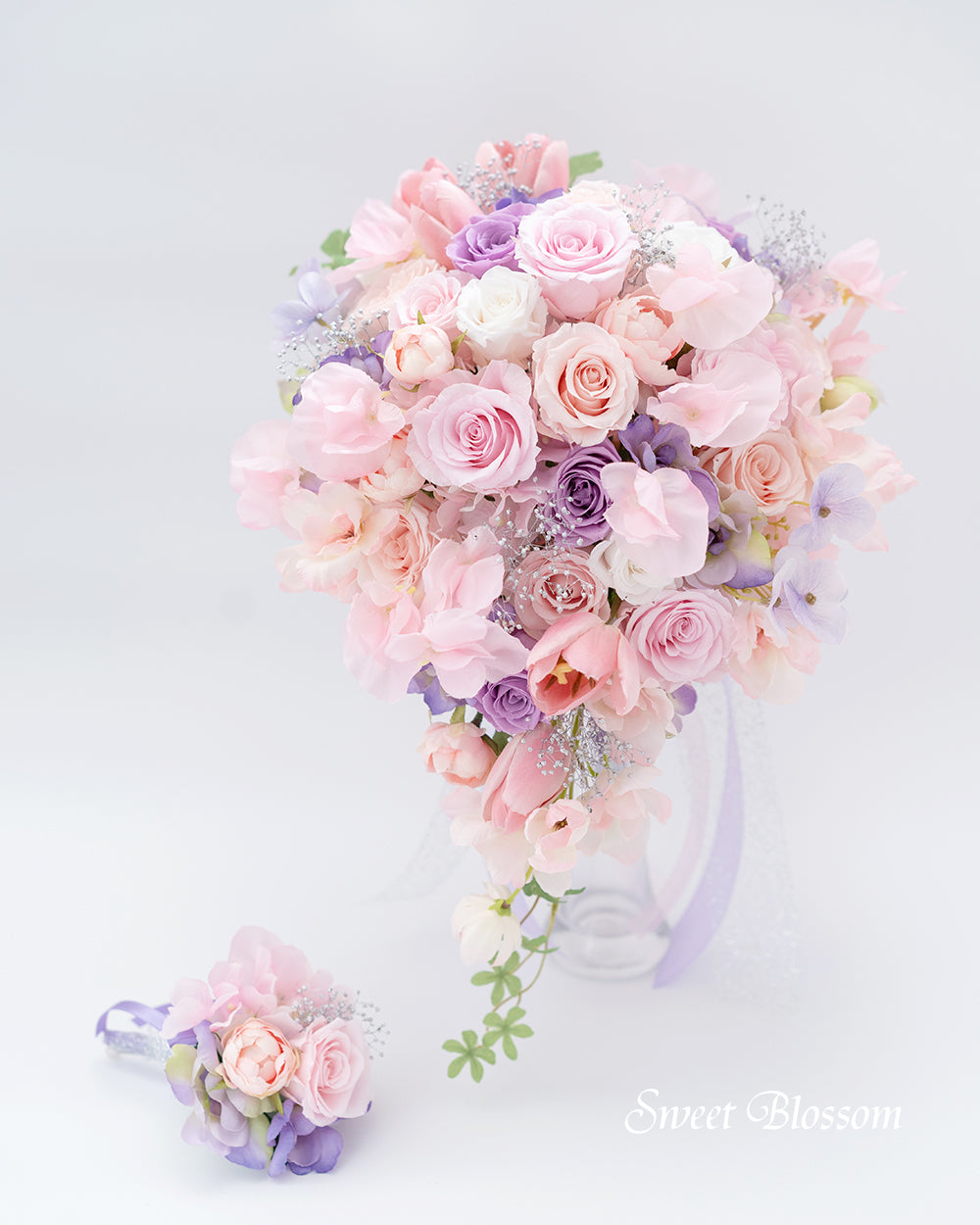 【プリザーブドフラワー】ピンクとラベンダーのティアドロップブーケ