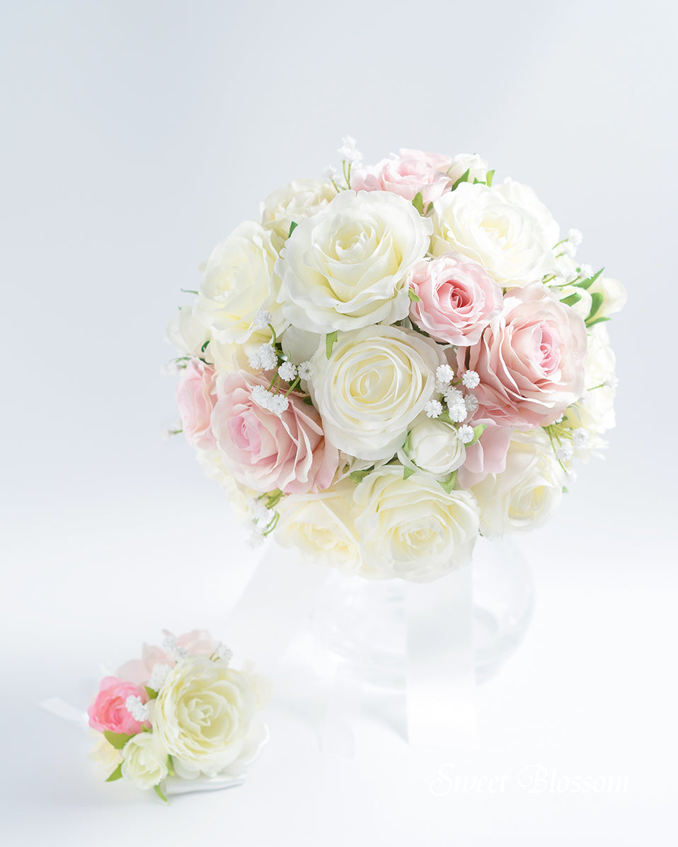 【アーティフィシャルフラワー】ホワイト＆ピンクローズのラウンドブーケ