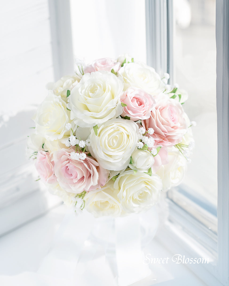 【アーティフィシャルフラワー】ホワイト＆ピンクローズのラウンドブーケ