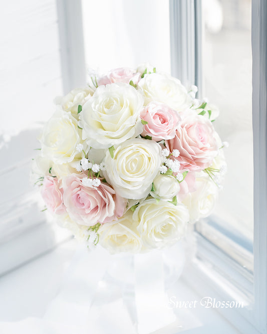 【アーティフィシャルフラワー】ホワイト＆ピンクローズのラウンドブーケ