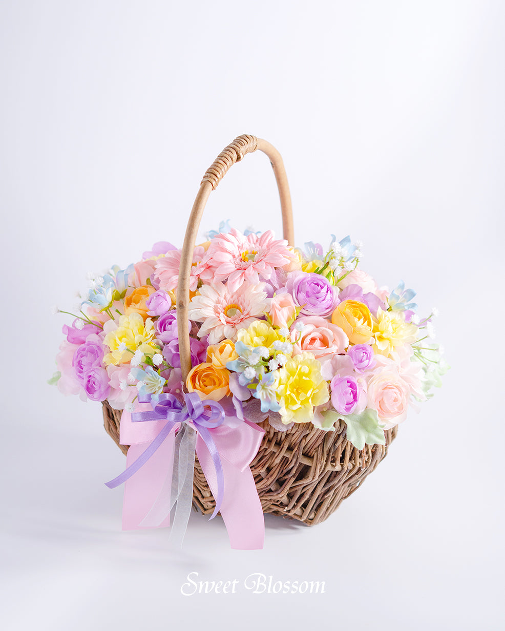【アーティフィシャルフラワー】パステルカラーのバスケットブーケ