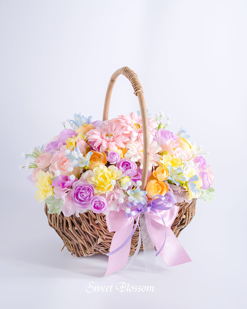 【アーティフィシャルフラワー】パステルカラーのバスケットブーケ