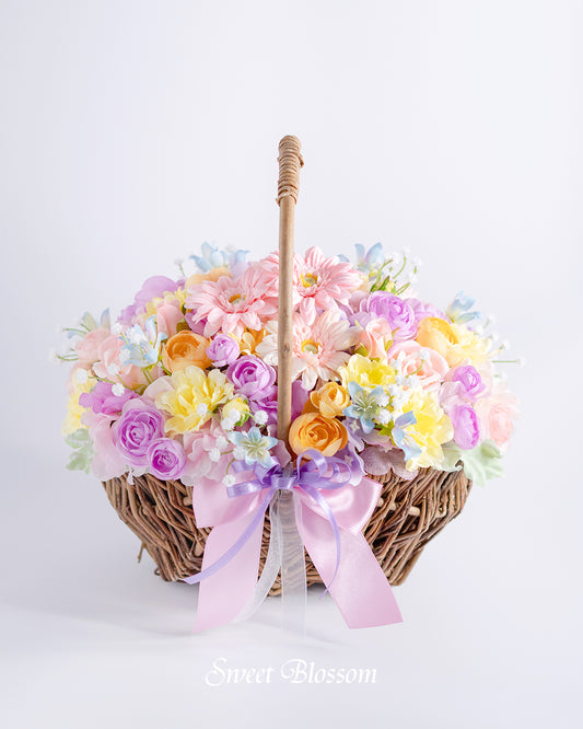 【アーティフィシャルフラワー】パステルカラーのバスケットブーケ